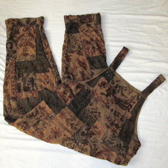Raiment Fashions New York Patchwork Embroidered Boho Hippie Overalls Bibs sz XL - Picture 1 of 4